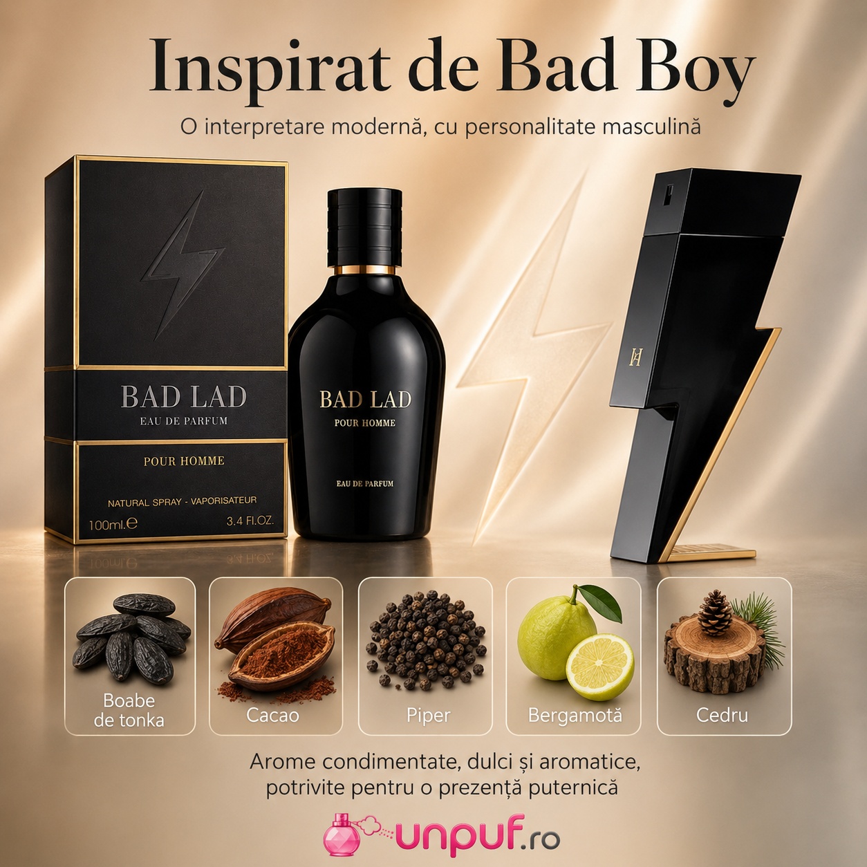 Bad Lad Fragrance World inspirat din Bad Boy, parfum masculin cu boabe de tonka, cacao, piper, bergamotă și cedru