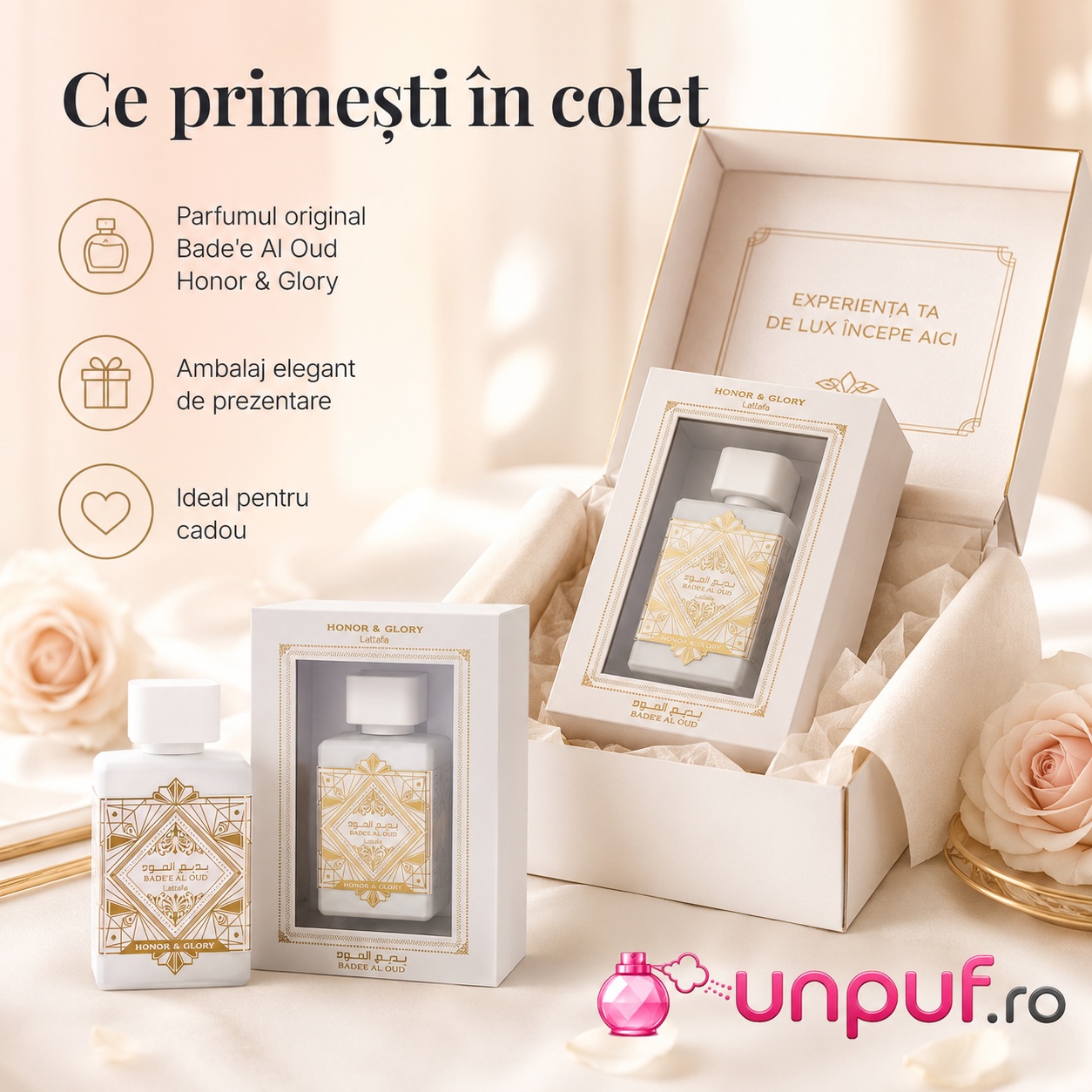 Ce primești &icirc;n colet Lattafa Bade&rsquo;e Al Oud Honor & Glory 100 ml parfum arăbesc unisex original cu ambalaj elegant de prezentare, ideal pentru cadou