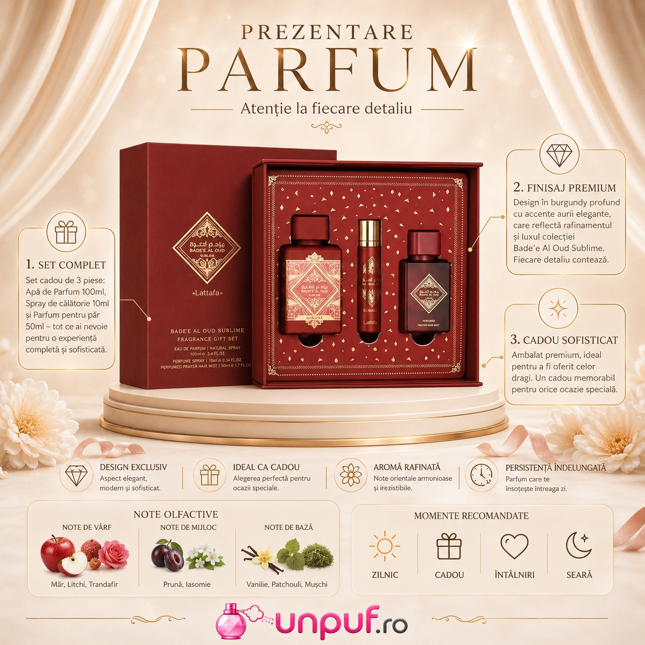 Prezentare Badee Al Oud Sublime Gift Set cu detalii despre set complet, finisaj premium, cadou sofisticat și note olfactive