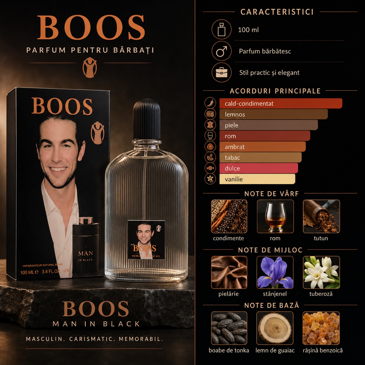 Caracteristici Boos Man in Black parfum pentru bărbați 100 ml acorduri principale și note olfactive