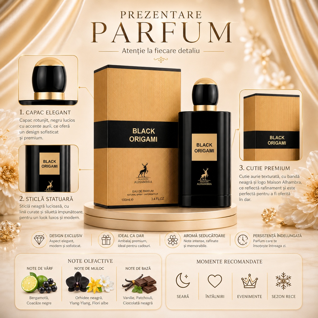 Prezentare parfum Black Origami Maison Alhambra cu capac elegant, sticlă statuară, cutie premium, note olfactive și momente recomandate