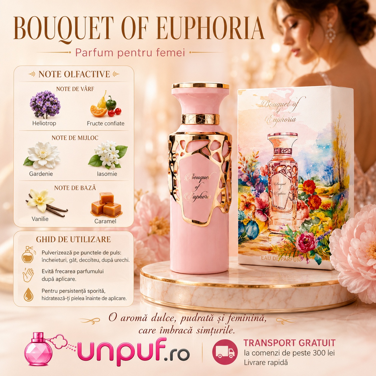 Bouquet of Euphoria note olfactive și ghid de utilizare parfum de damă cu heliotrop gardenie iasomie vanilie și caramel