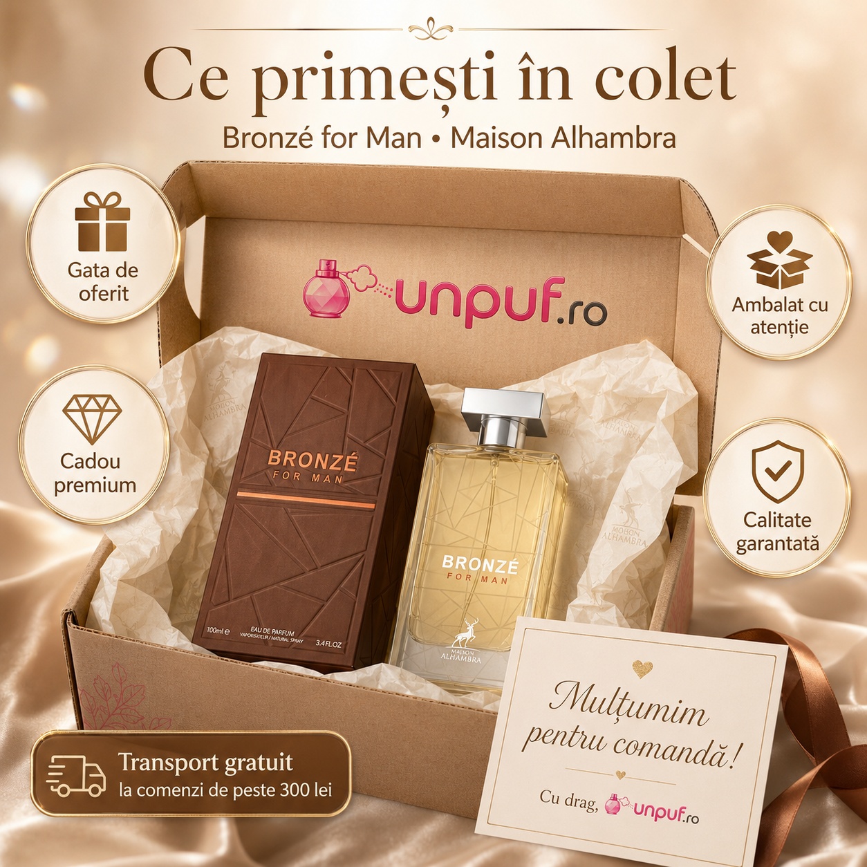 Colet parfum Bronze For Men Maison Alhambra ambalat cu atenție, gata de oferit cadou premium