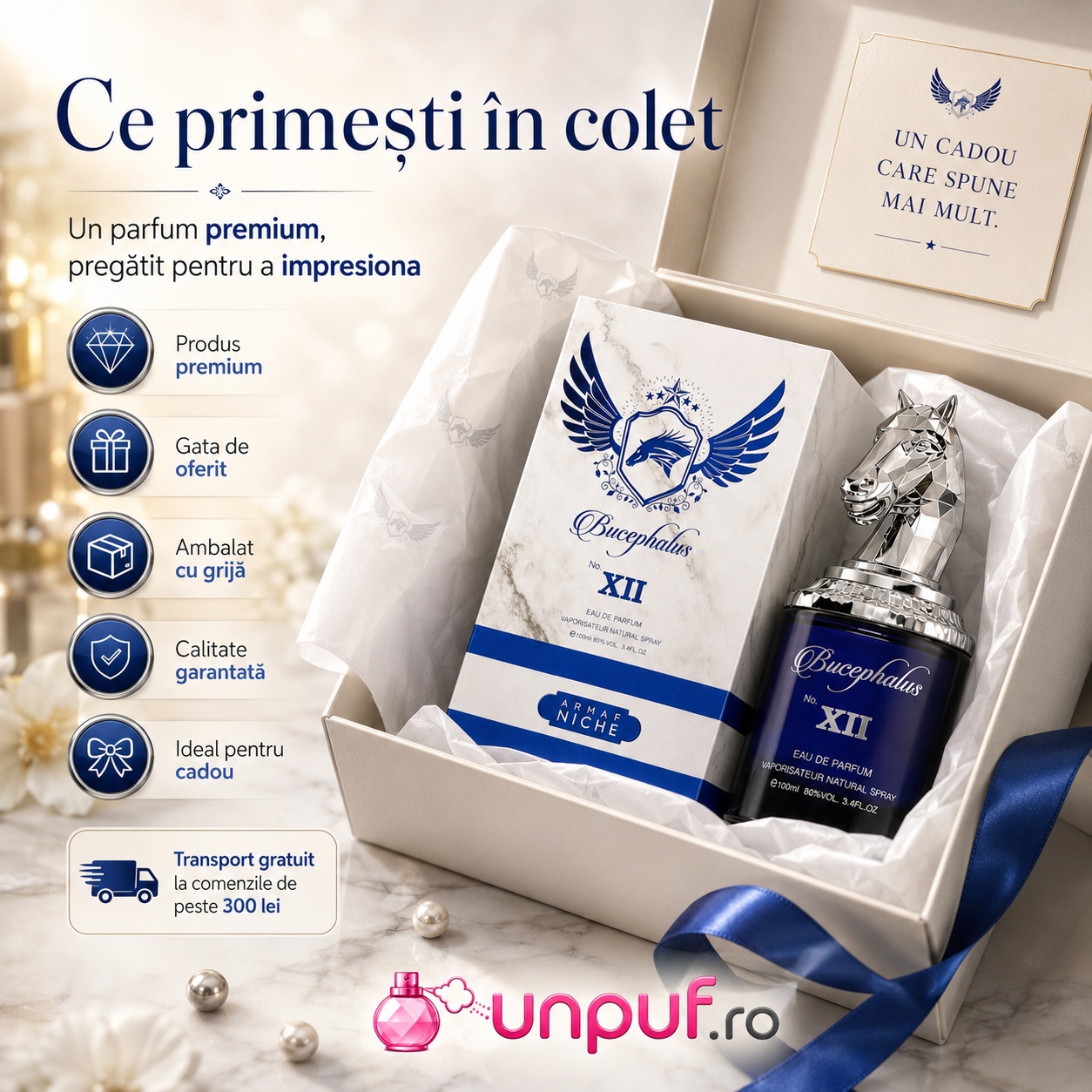 Ce primești &icirc;n colet Armaf Bucephalus No. XII 100 ml parfum premium gata de oferit, ambalat cu grijă și calitate garantată