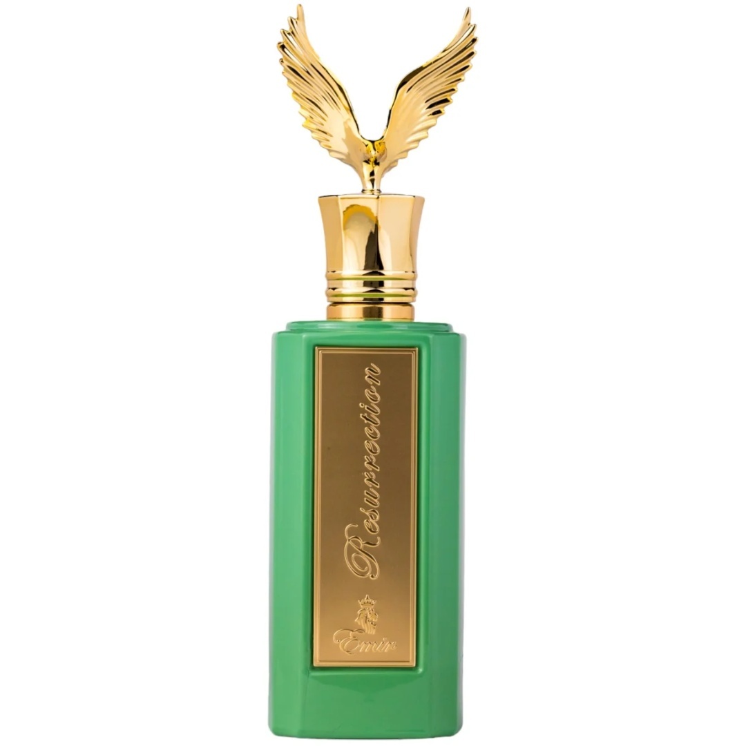 Flacon original Celestial Resurrection Emir 100 ml verde cu placă aurie și capac sculptural auriu