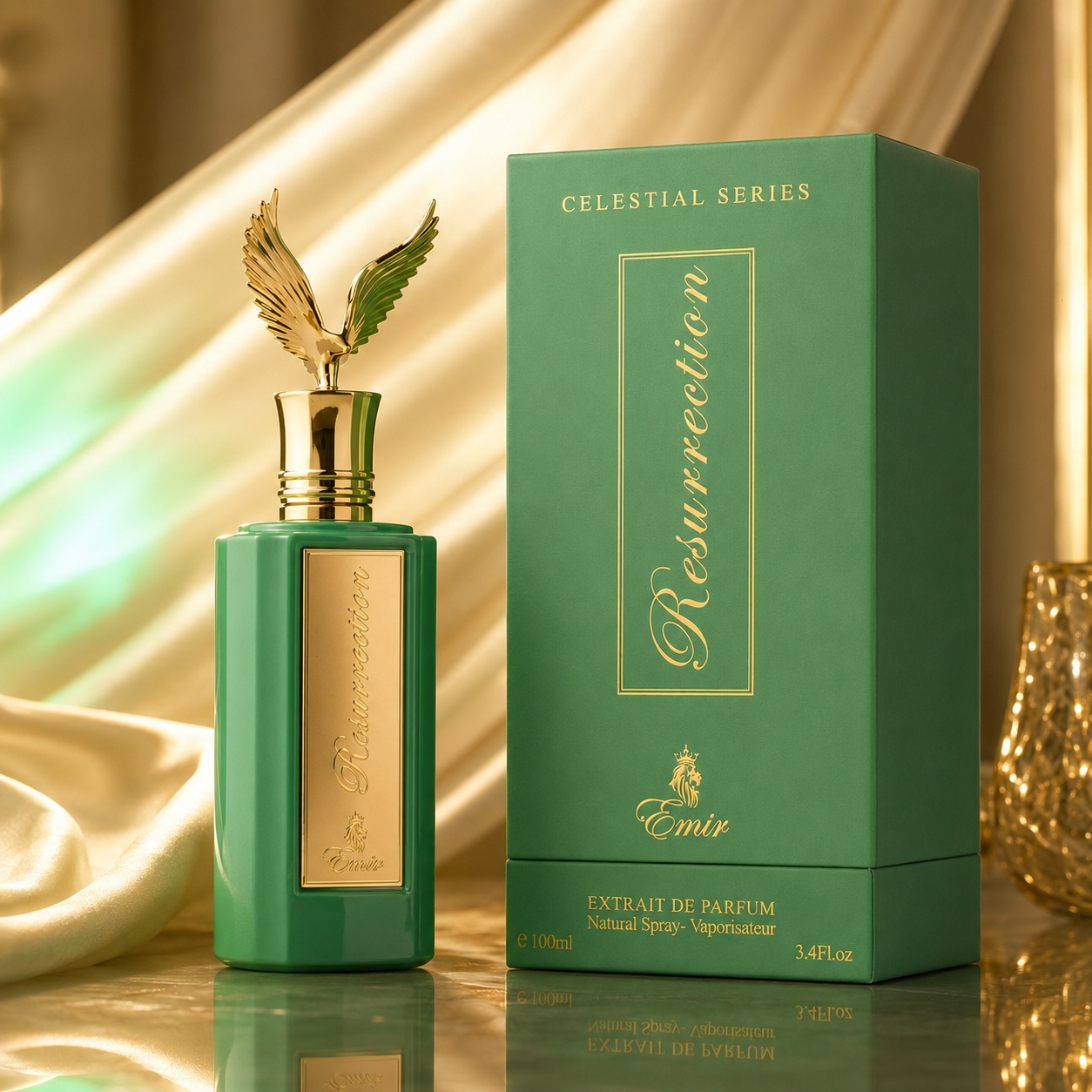 Parfum Arăbesc Celestial Resurrection Emir 100 ml cu flacon verde, placă aurie și cutie verde premium Celestial Series