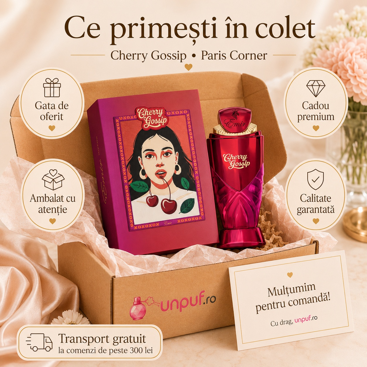 Ce primești &icirc;n colet Cherry Gossip Emir 100 ml parfum original, cutie premium, ambalare atentă și cadou premium