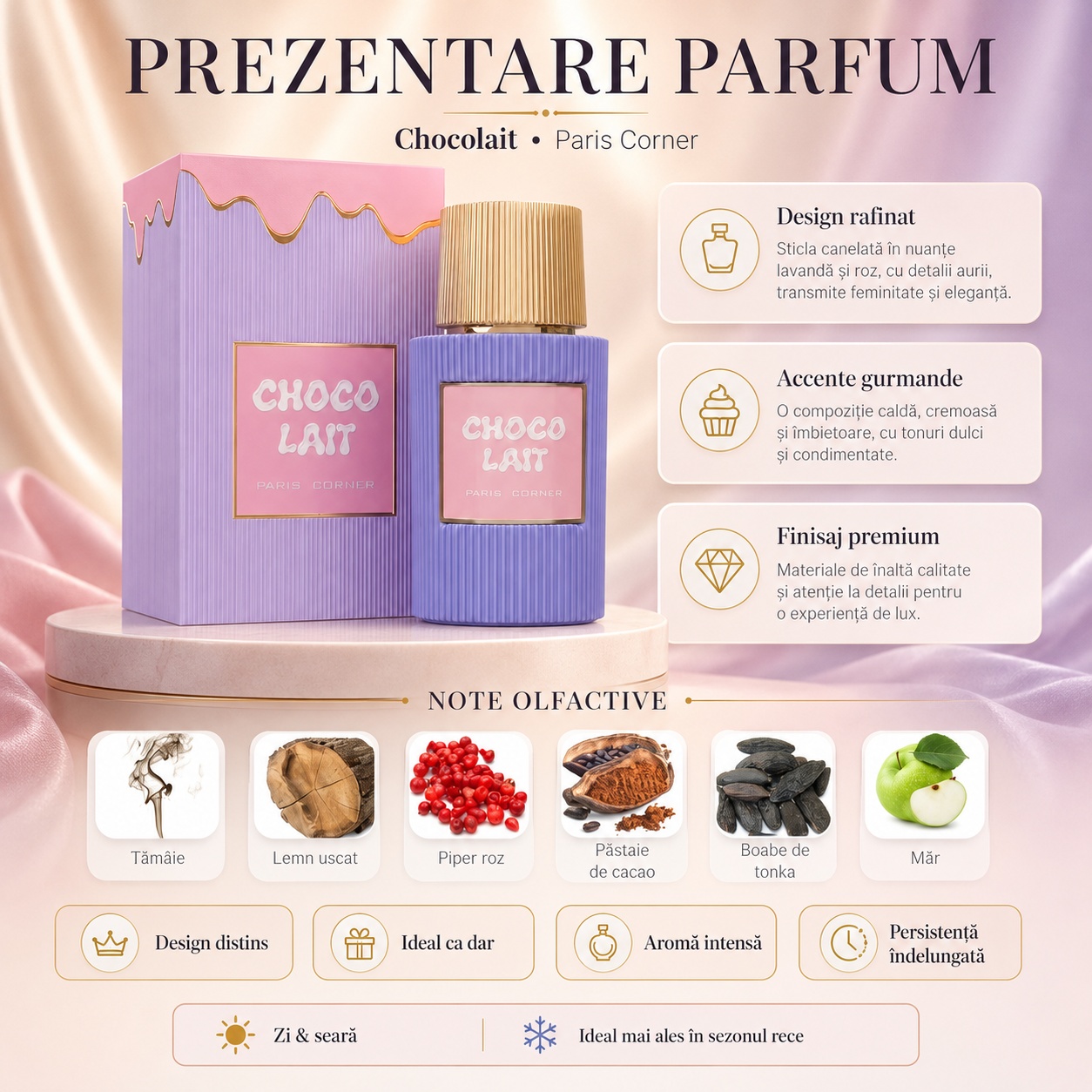 Prezentare Choco Lait Paris Corner cu aromă intensă, detalii premium, flacon texturat și notă gurmandă
