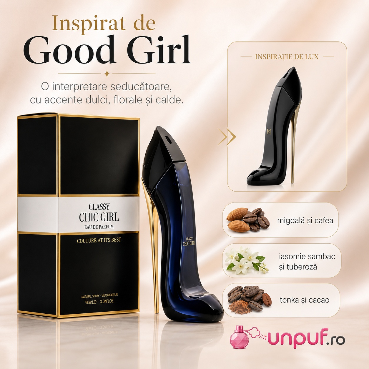 Classy Chic Girl Fragrance World inspirat din Good Girl Carolina Herrera cu migdală cafea iasomie tuberoză tonka și cacao