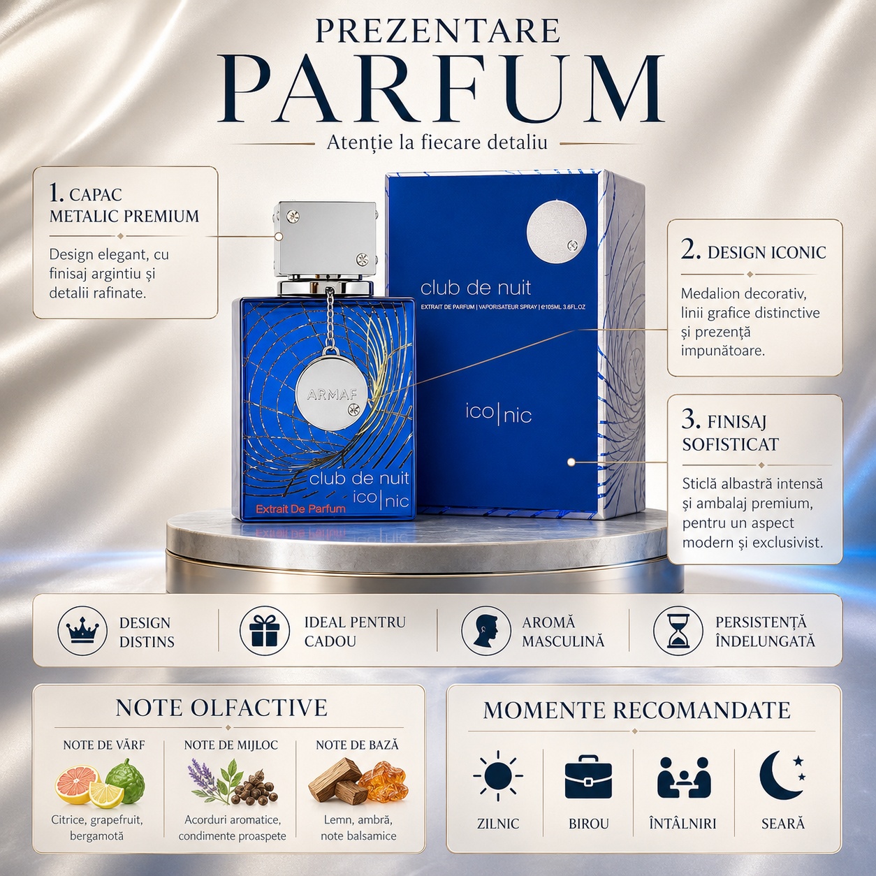 Prezentare Armaf Club De Nuit Blue Iconic cu capac metalic premium, design iconic, finisaj sofisticat, note citrice și lemnoase