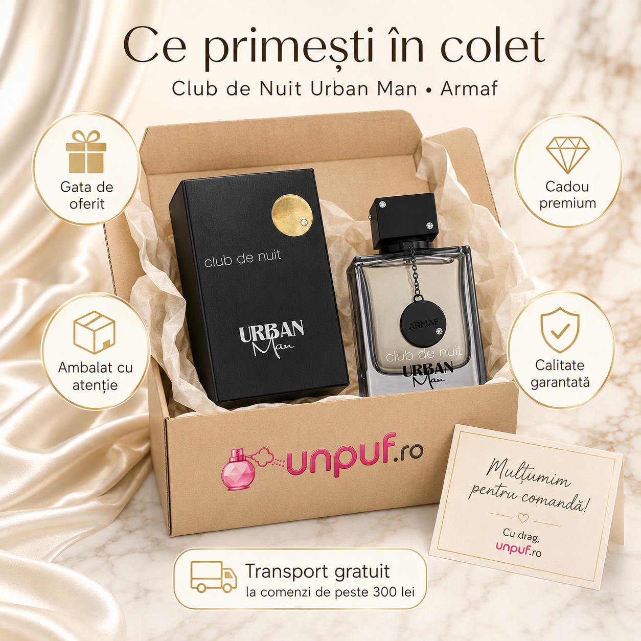 Ce primești &icirc;n colet Armaf Club De Nuit Urban Man 105 ml parfum original, cutie premium și ambalare atentă