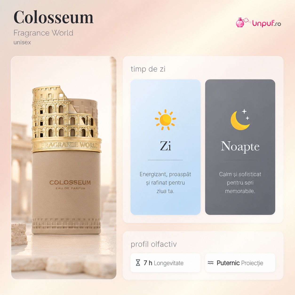 Colosseum Fragrance World potrivit pentru zi și noapte, parfum energizant, proaspăt, calm și sofisticat