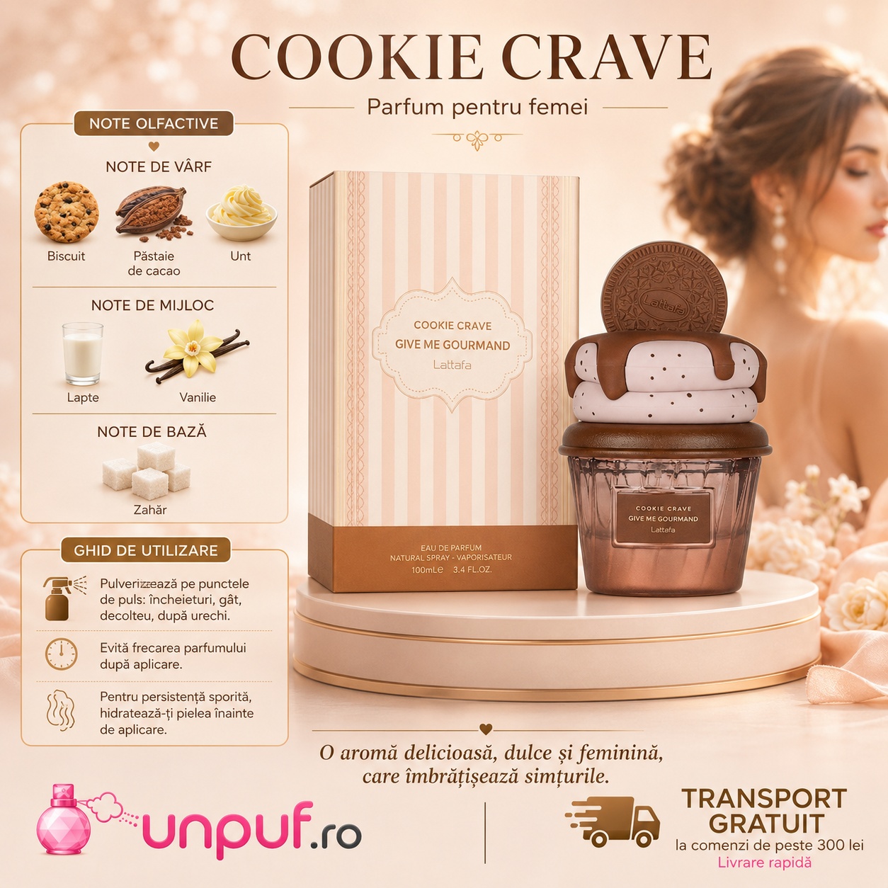 Cookie Crave Lattafa note olfactive cacao unt biscuit lapte zahăr vanilie frișcă și lemn de santal