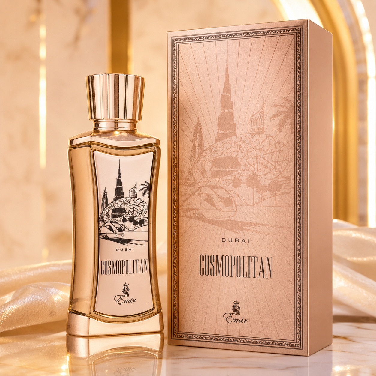 Parfum Arăbesc Cosmopolitan Dubai Emir 100 ml cu flacon amber, capac auriu și cutie premium cu tematică Dubai