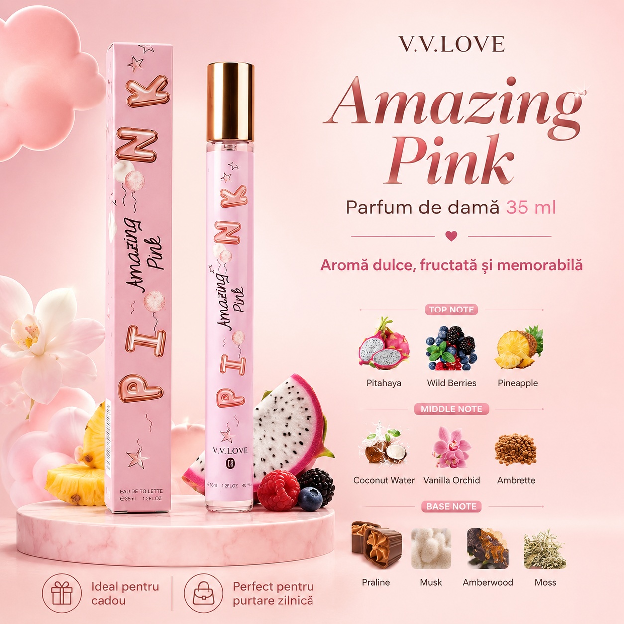 Amazing Pink V.V. Love parfum damă 35 ml cu note de pitahaya fructe de pădure ananas cocos și vanilie