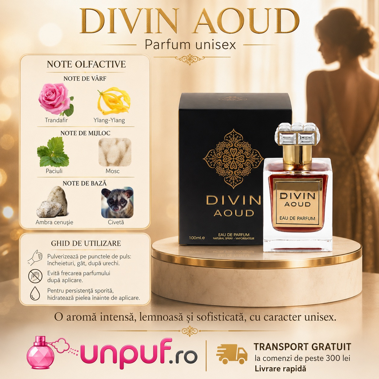 Divin Aoud parfum unisex cu note de trandafir, ylang ylang, paciuli, mosc, ambră cenușie și civetă, ghid de utilizare și aromă intensă lemnoasă sofisticată
