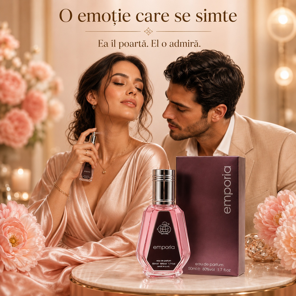 Emporia parfum de damă cu design roz, cutie premium, aromă floral fructată și prezentare elegantă