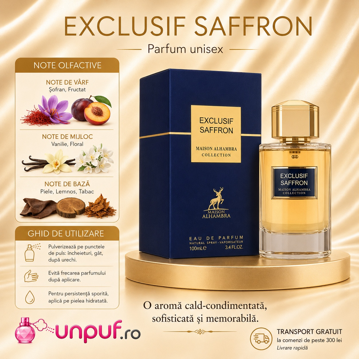 Note olfactive Exclusif Saffron Maison Alhambra cu șofran, coacăze negre, boabe de tonka, trandafir, piele și vanilie