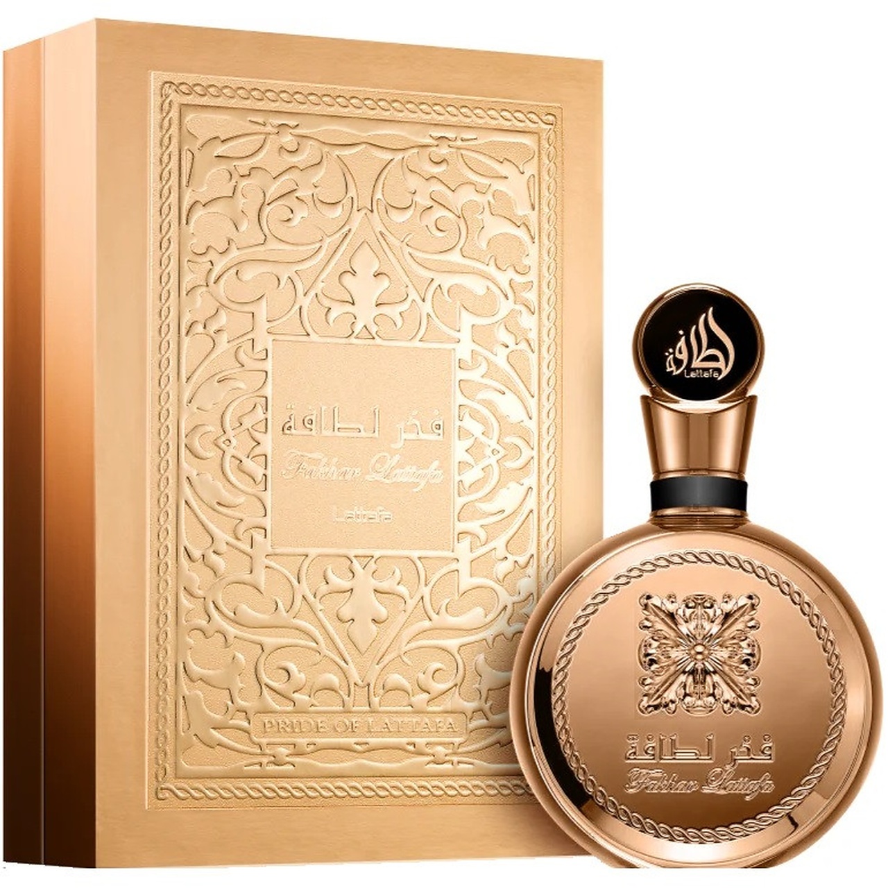 Cutie originală Fakhar Extrait Gold Lattafa Pride 100 ml și flacon parfum arabesc bărbătesc