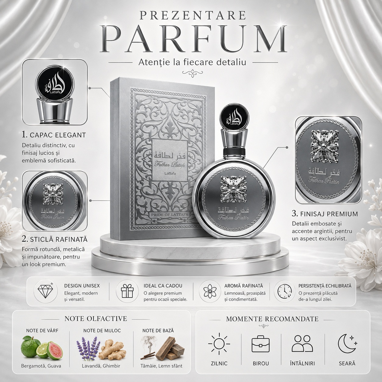 Prezentare parfum Fakhar Platin Lattafa Pride cu detalii flacon, cutie, note olfactive și momente recomandate