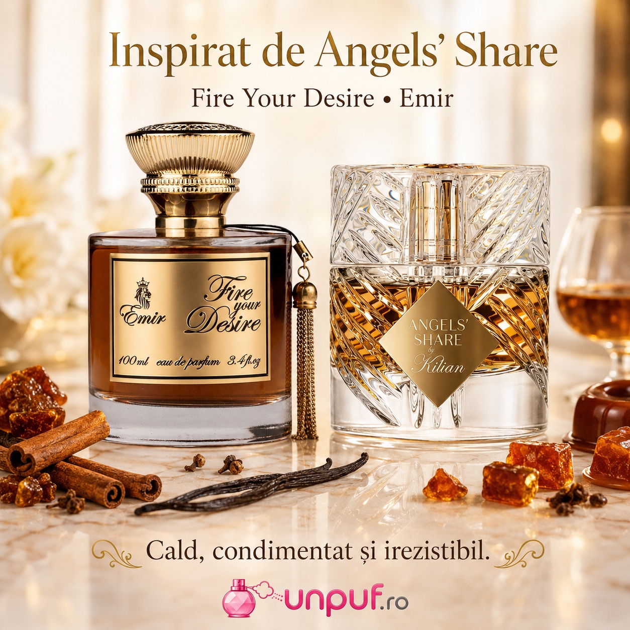 Fire Your Desire Emir parfum unisex cu prezentare maro aurie, cutie cilindrică premium și aromă oriental gourmand