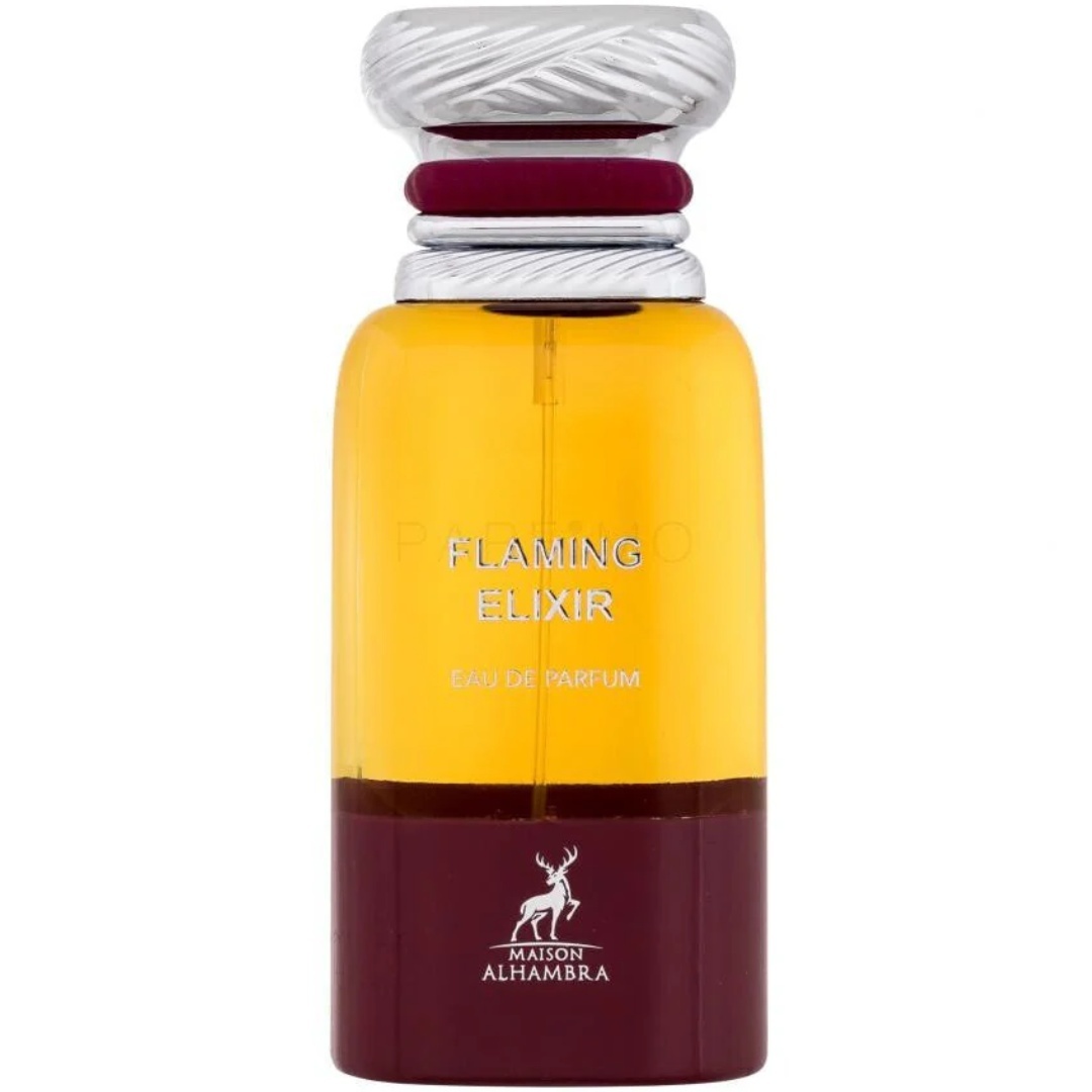 Sticlă reală Flaming Elixir Maison Alhambra 80 ml cu lichid auriu și capac argintiu sculptural