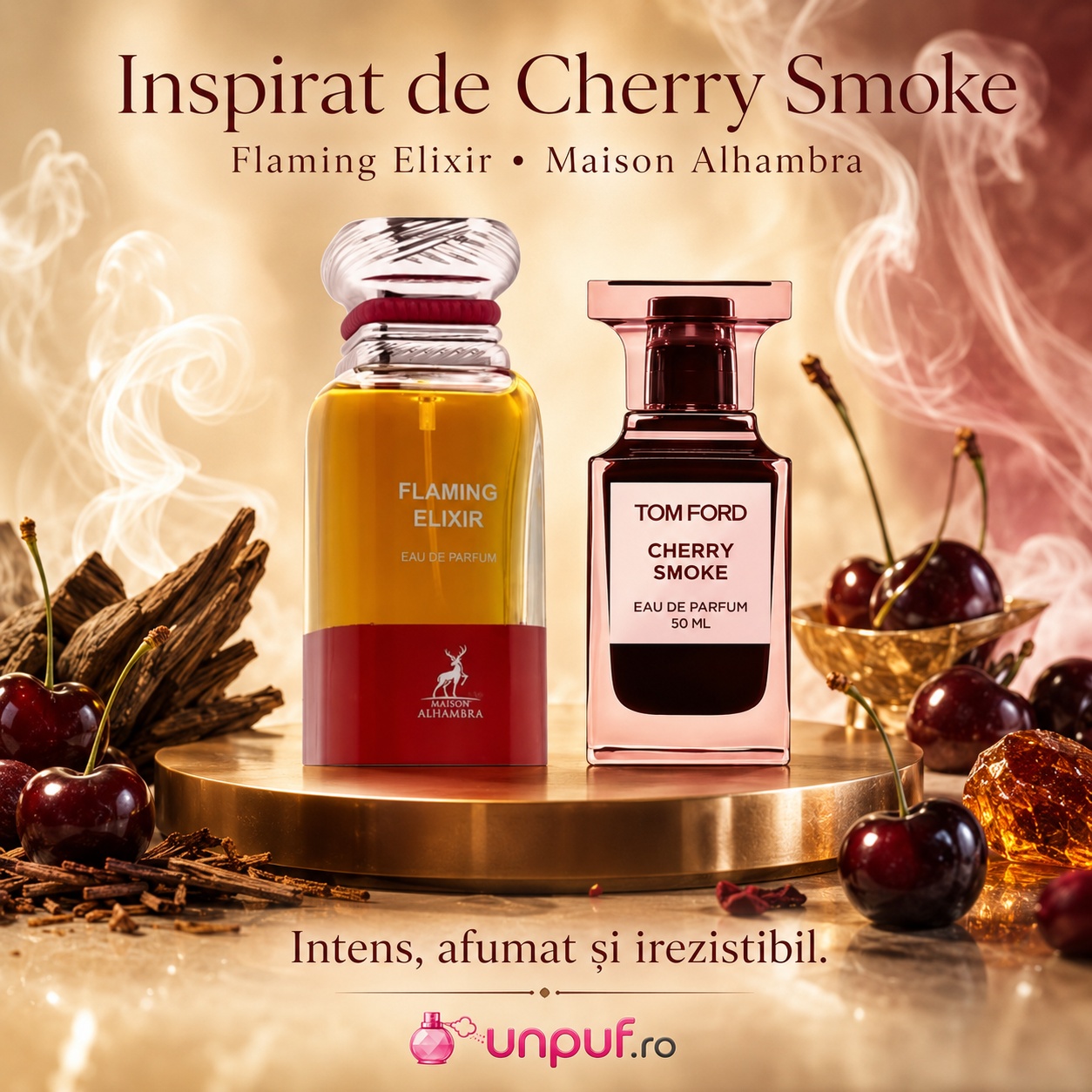 Parfum Flaming Elixir Maison Alhambra inspirat de Cherry Smoke Tom Ford, intens, afumat și irezistibil