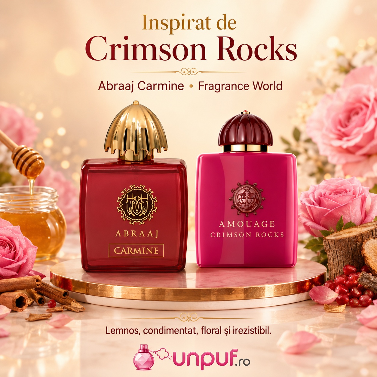 Abraaj Carmine Fragrance World inspirat din Crimson Rocks, parfum lemnos condimentat floral și irezistibil