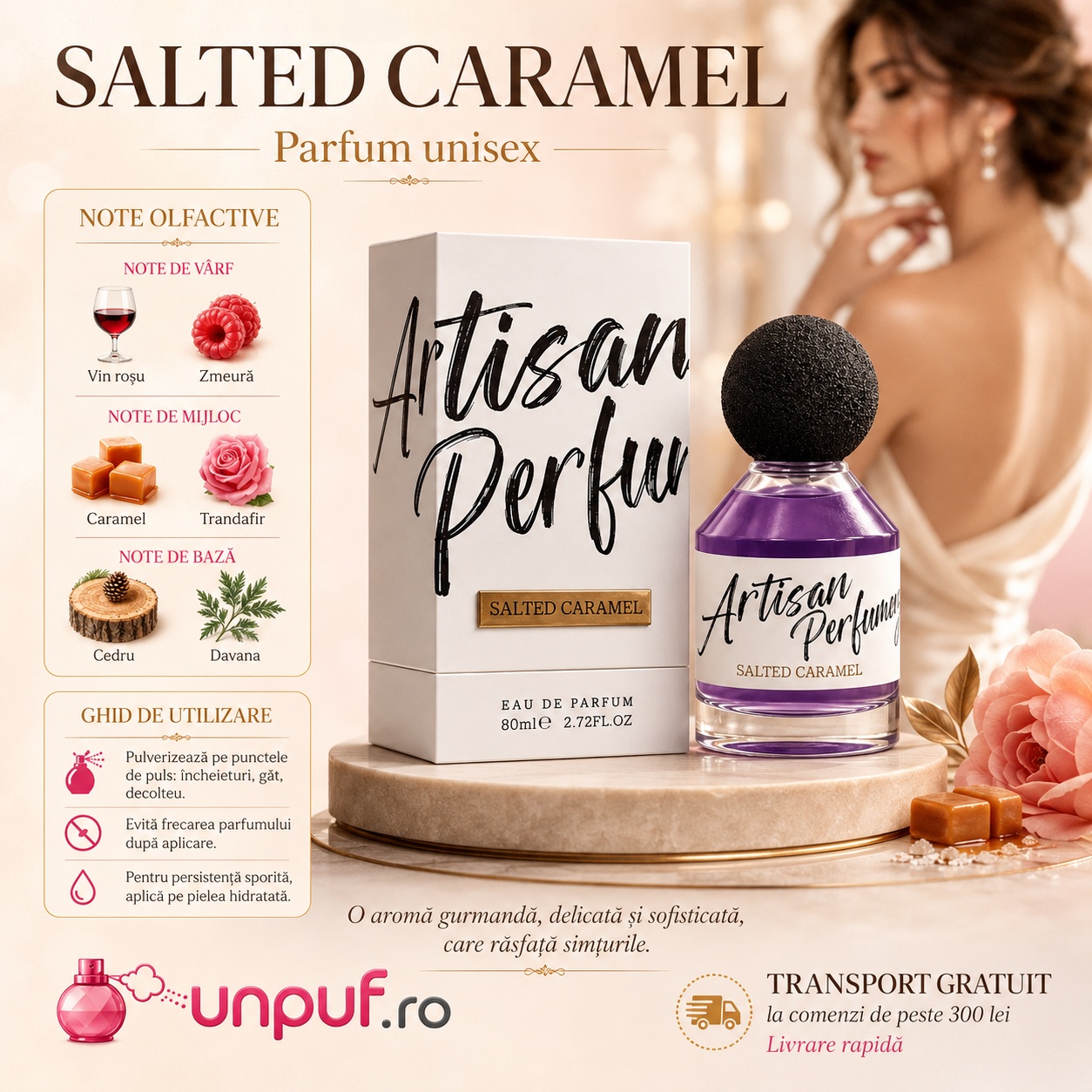 Salted Caramel Fragrance World parfum unisex cu note vizuale de vin roșu, zmeură, caramel, trandafir, cedru și davana