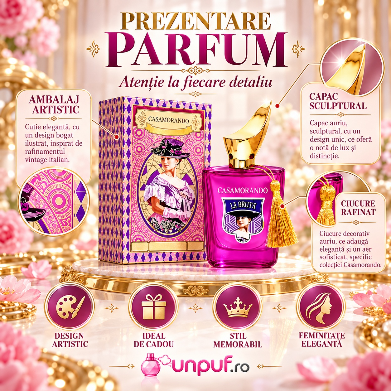 Prezentare Casamorando La Bruta Fragrance World cu ambalaj artistic capac sculptural ciucure rafinat și stil memorabil