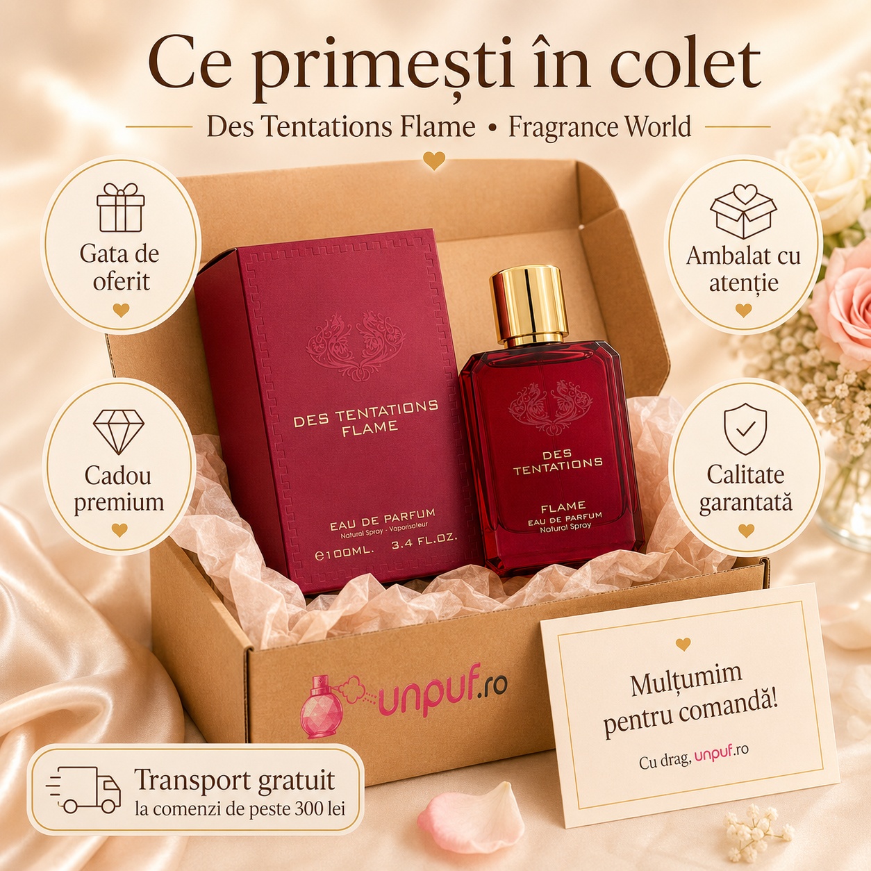 Ce primești &icirc;n colet Des Tentations Flame Fragrance World parfum 100 ml ambalat cu atenție