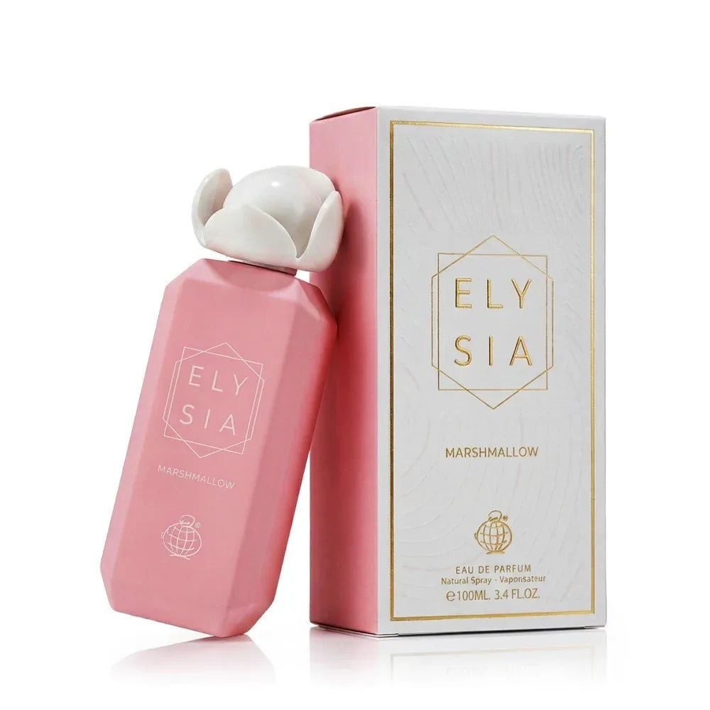 Parfum Fragrance World Elysia Marshmallow 100 ml imagine produs pe fundal alb cu flacon roz și cutie elegantă
