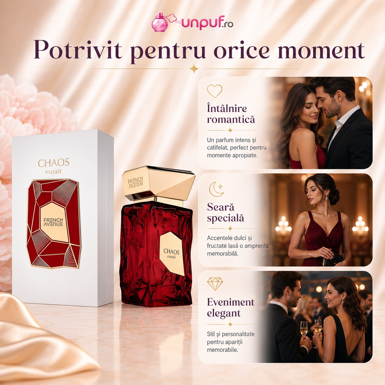 Parfum Chaos French Avenue potrivit pentru &icirc;nt&acirc;lnire romantică, seară specială și eveniment elegant