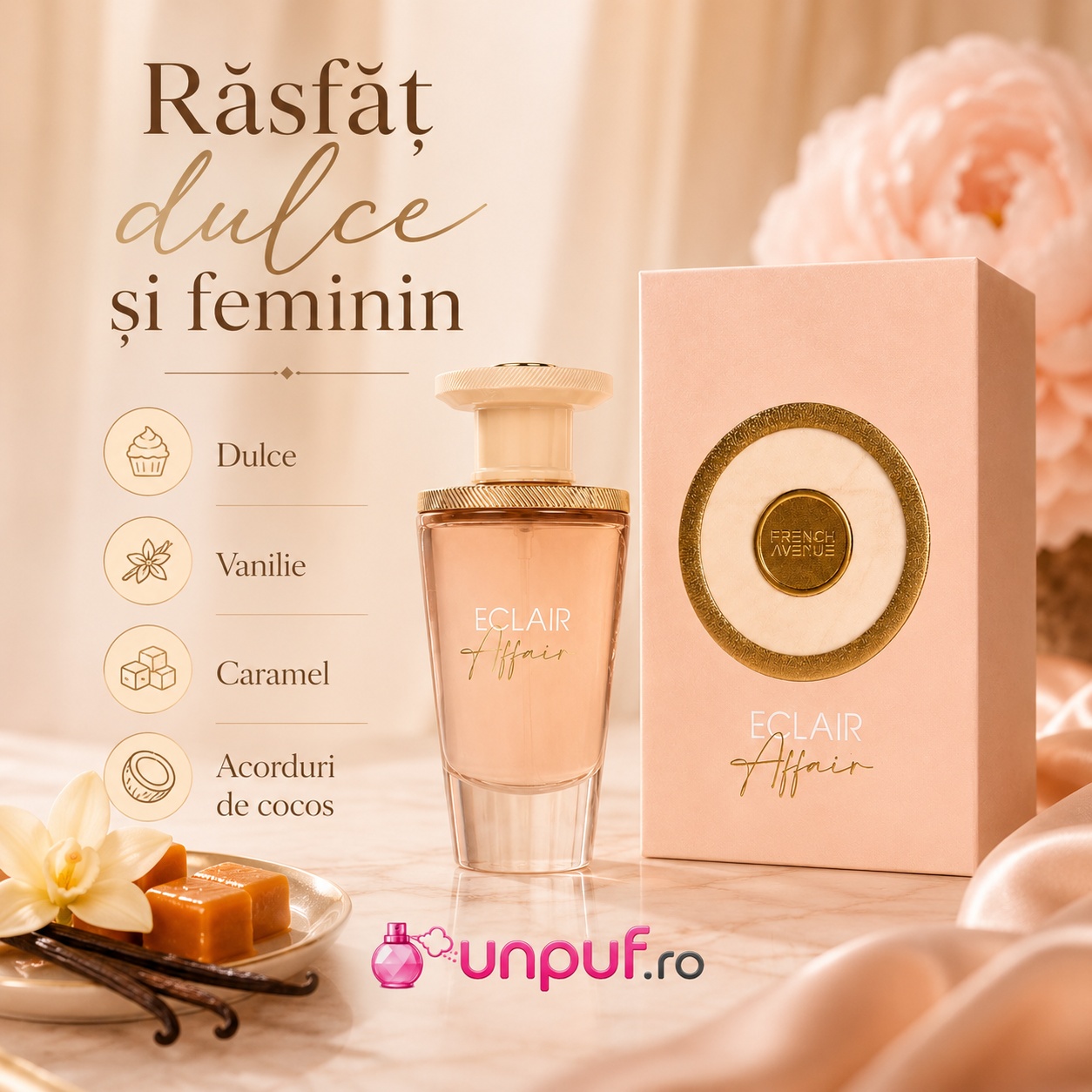 Eclair Affair French Avenue parfum dulce și feminin cu vanilie, caramel și acorduri de cocos