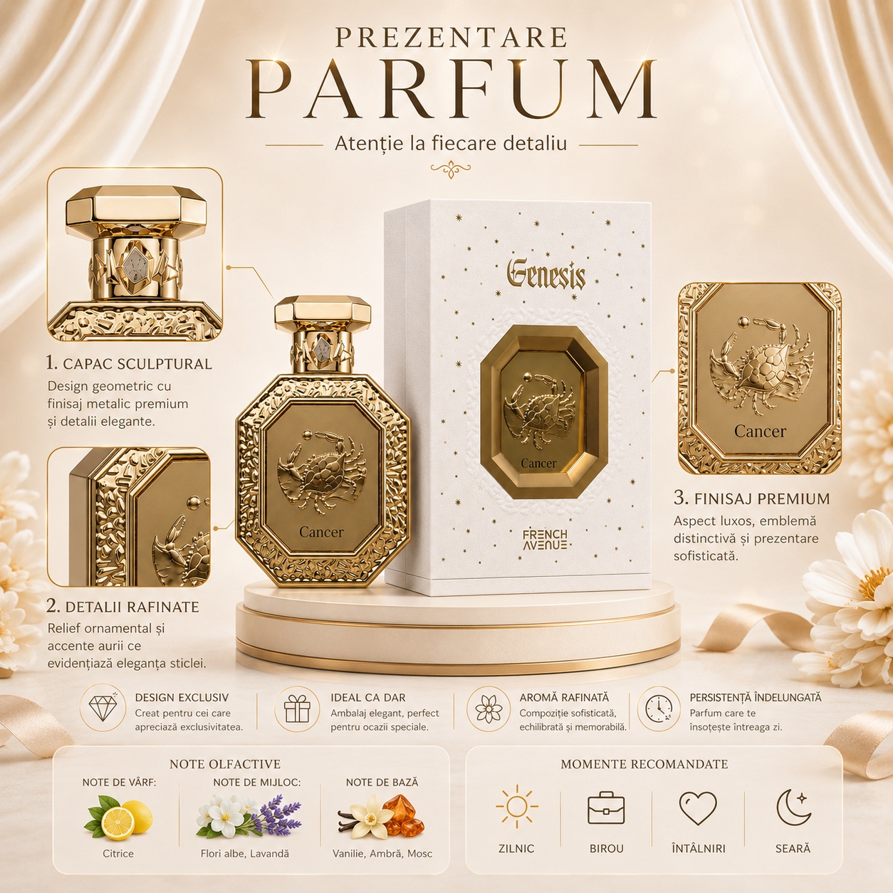 Prezentare parfum Genesis Cancer French Avenue cu detalii premium, capac sculptural, note olfactive și momente recomandate