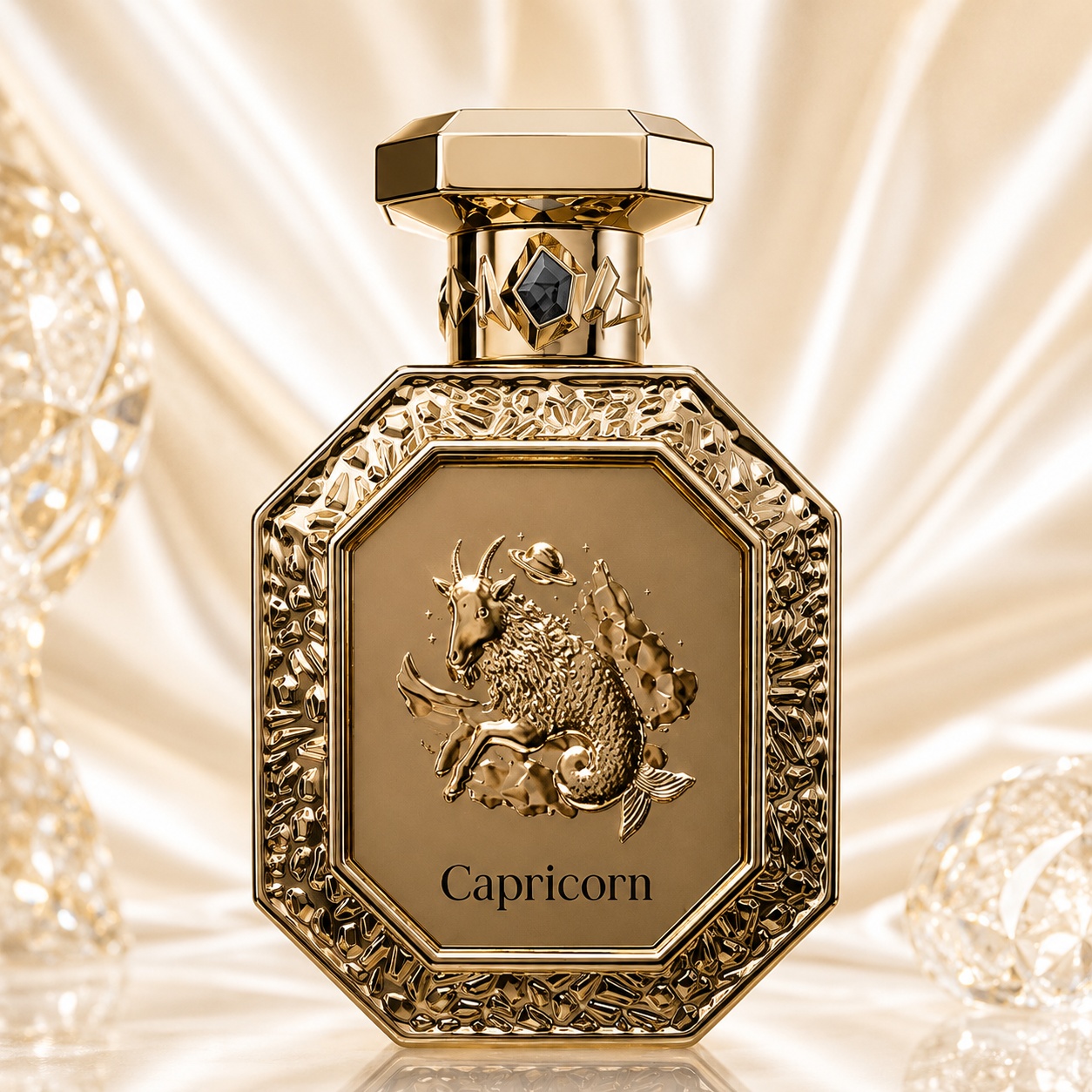 Sticlă parfum Genesis Capricorn French Avenue 90 ml pe fundal luminos premium cu satin auriu