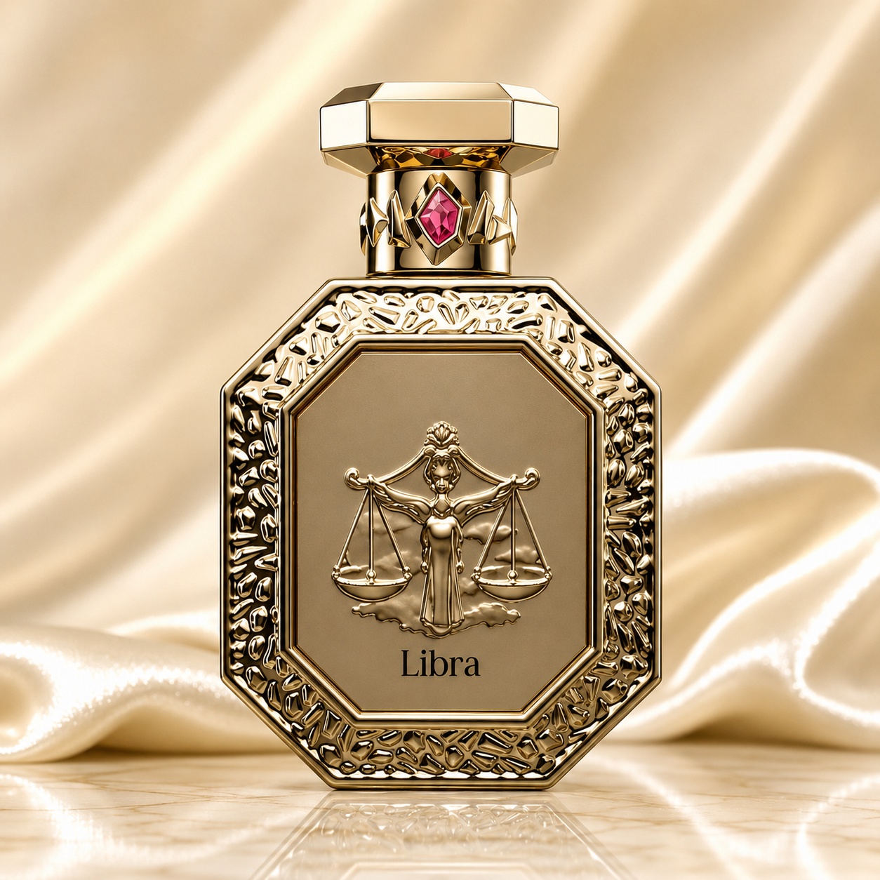 Sticlă parfum Genesis Libra French Avenue 90 ml pe fundal satinat premium cu detalii aurii