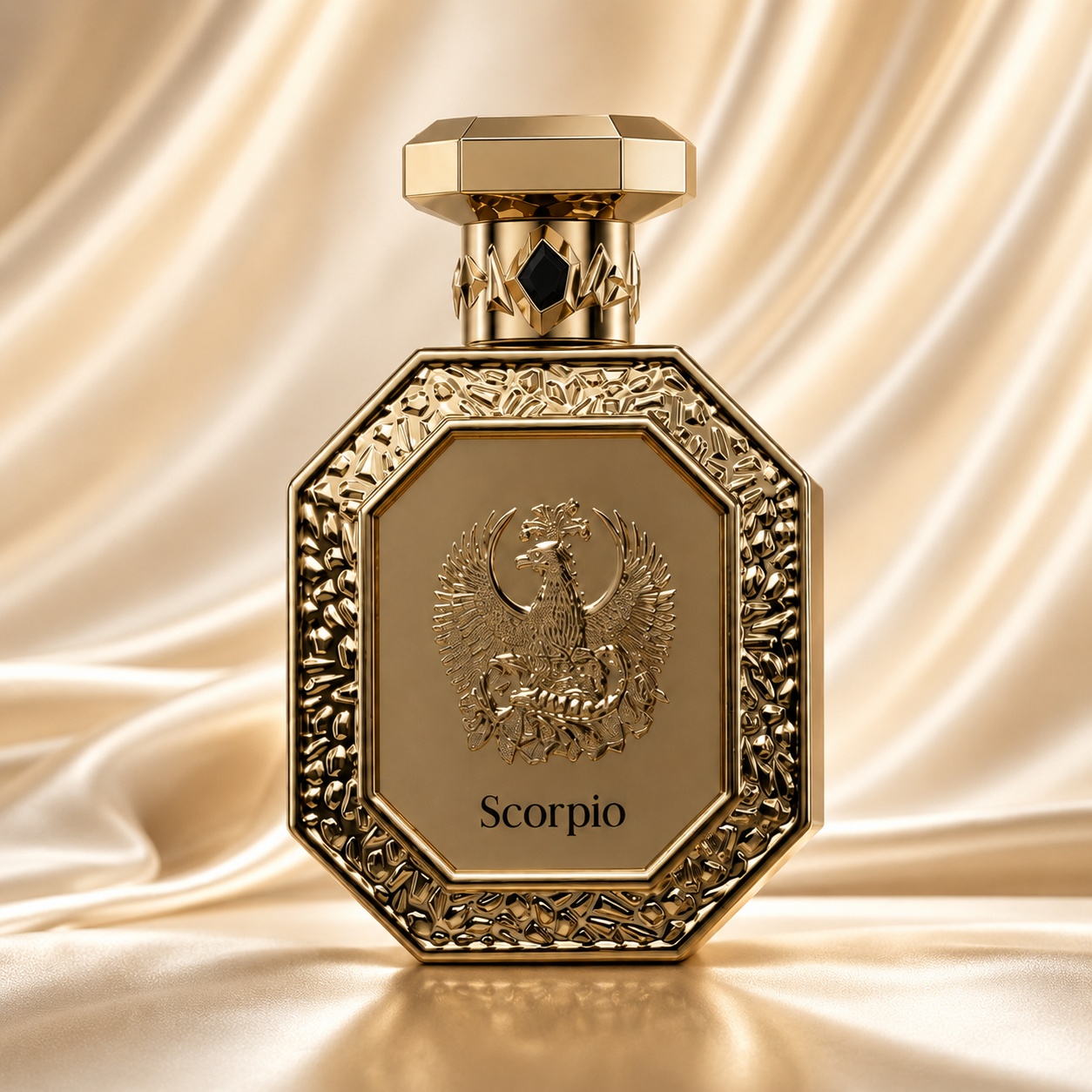 Sticlă parfum Genesis Scorpio French Avenue 90 ml pe fundal luminos premium cu satin auriu