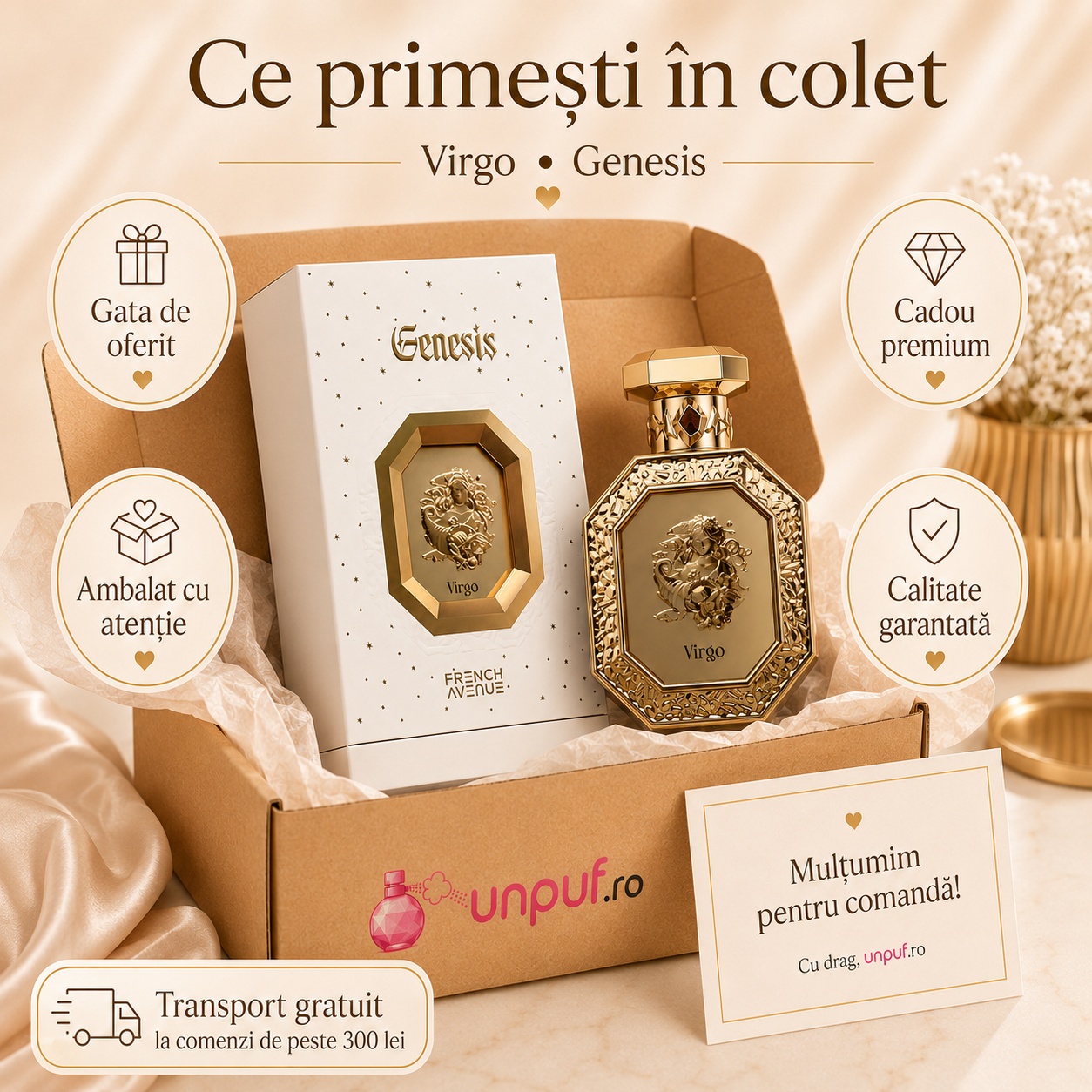 Colet parfum Genesis Virgo French Avenue cu sticlă, cutie originală, ambalare atentă și card de mulțumire unpuf.ro