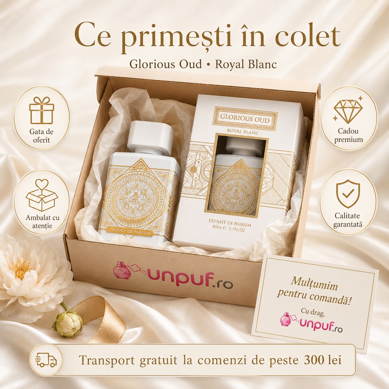 Colet parfum Glorious Oud Royal Blanc French Avenue cu sticlă, cutie originală, ambalare atentă și card unpuf.ro