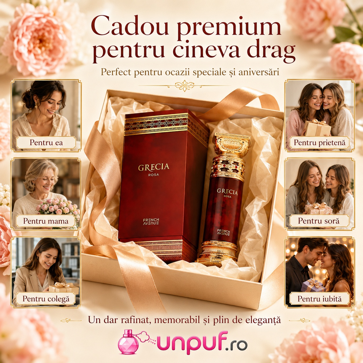Cadou premium Grecia Rosa French Avenue pentru ea, mamă, soră, prietenă, colegă sau iubită
