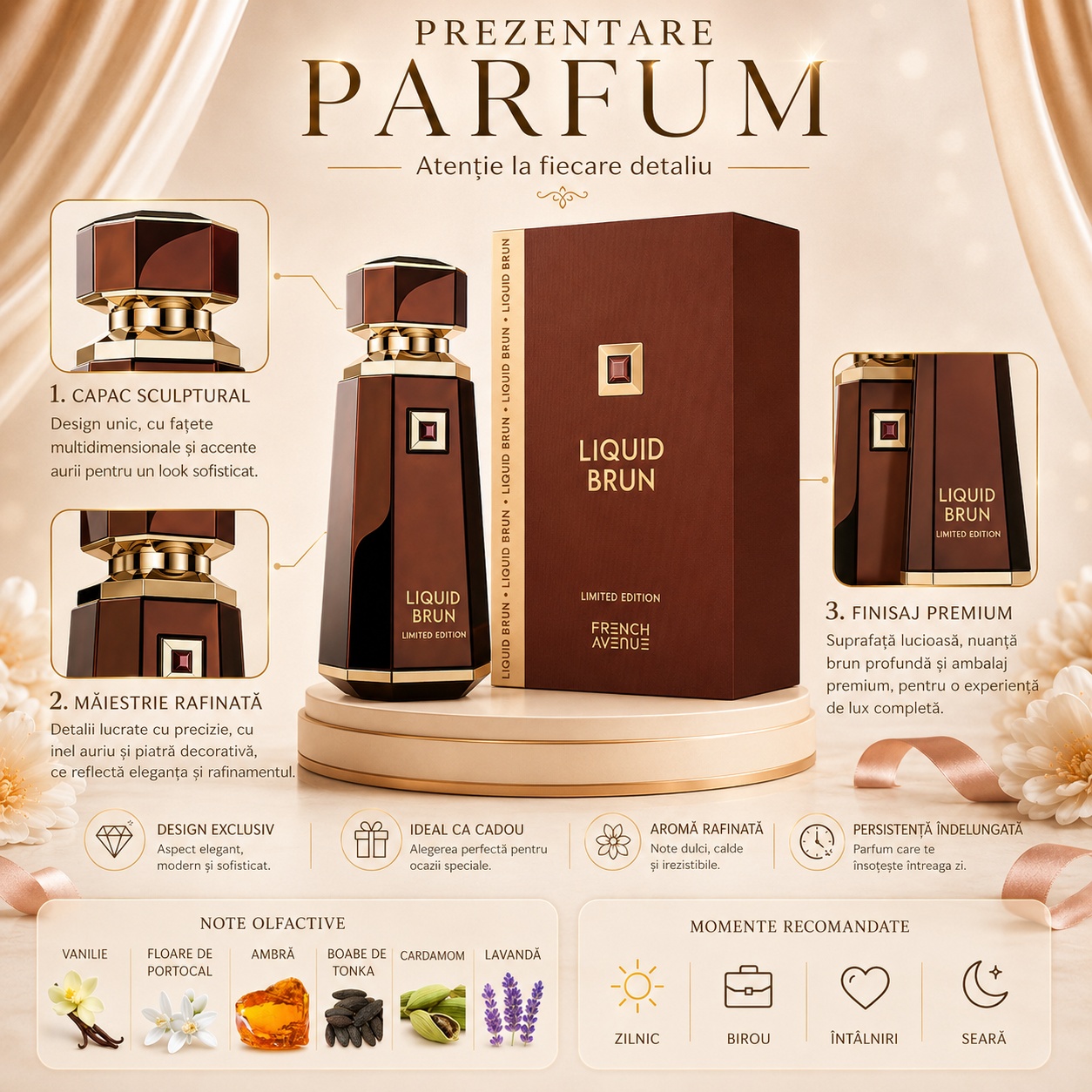 Prezentare parfum Liquid Brun French Avenue 150 ml, design exclusiv, capac sculptural, finisaj premium și note olfactive