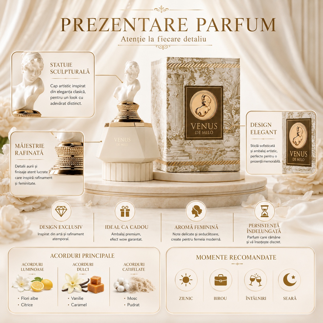 Prezentare parfum Venus De Milo French Avenue sticlă sculpturală feminină design elegant și ambalaj premium