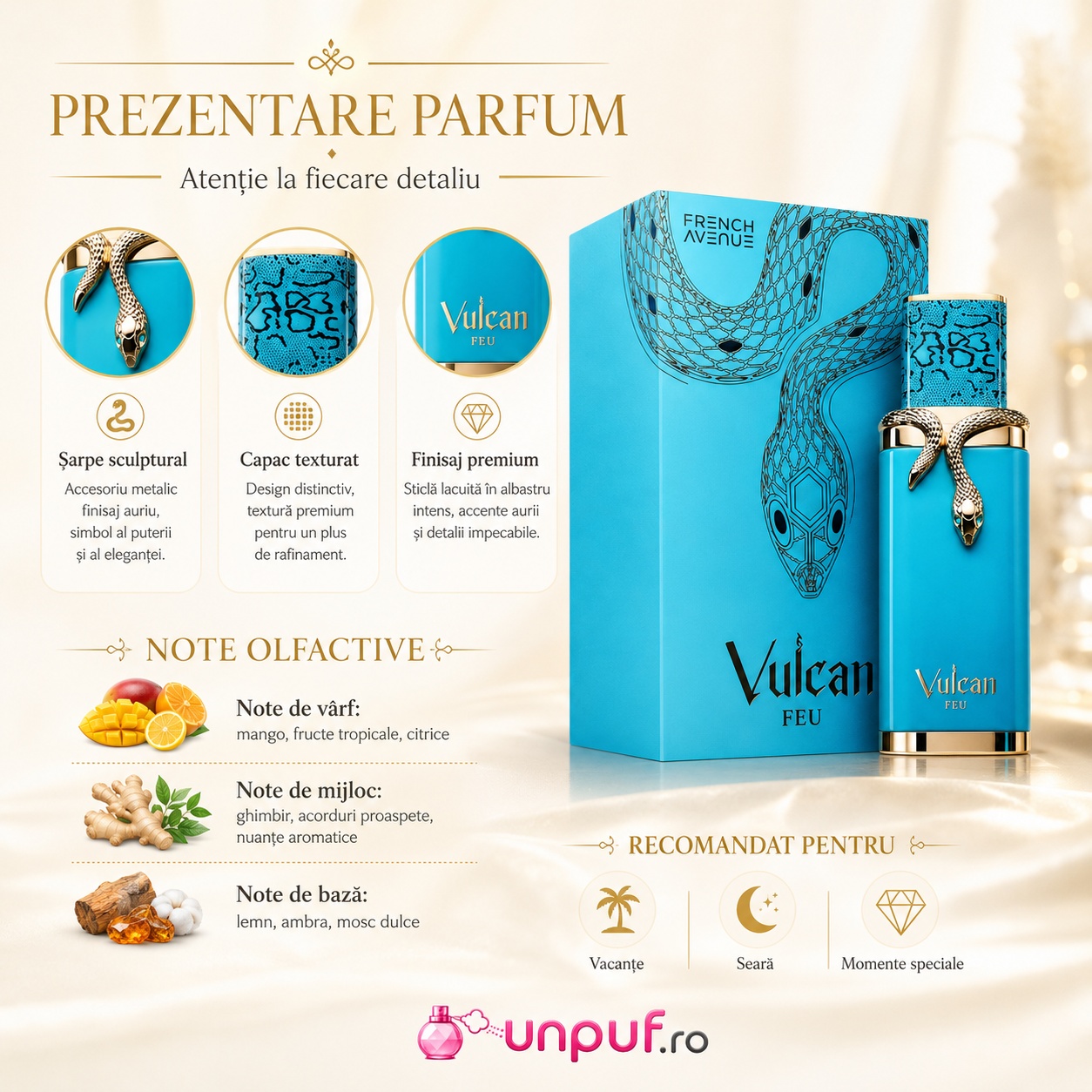 Prezentare parfum Vulcan Feu French Avenue note mango fructe tropicale citrice ghimbir lemn ambră mosc dulce