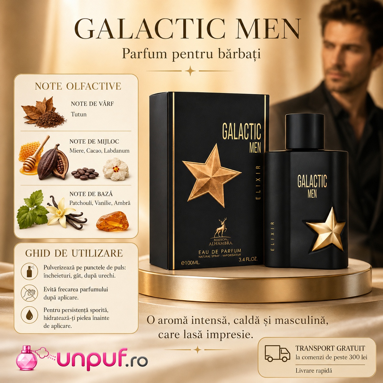 Note olfactive parfum Galactic Men Elixir tutun miere cacao labdanum paciuli vanilie ambră ghid de utilizare