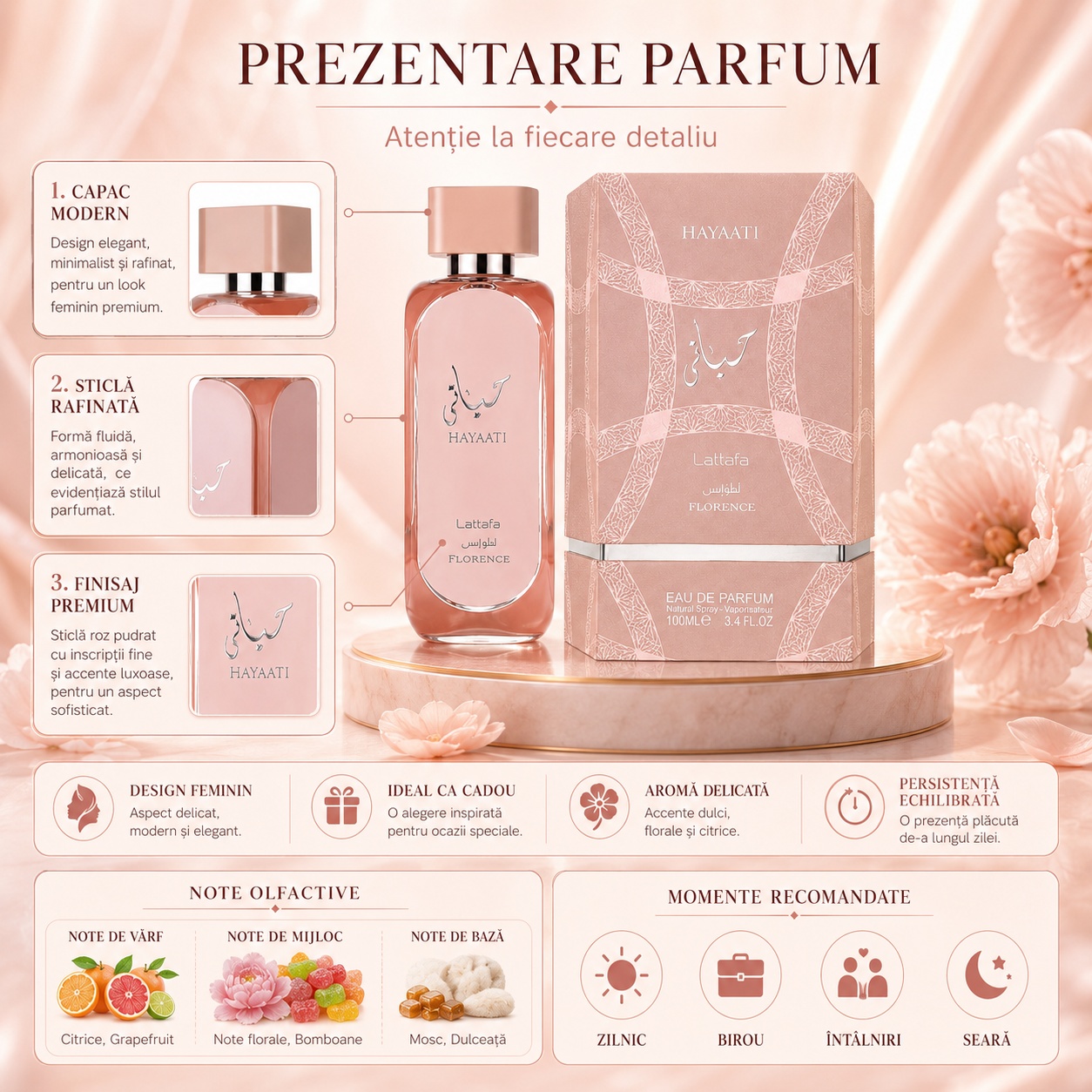Prezentare parfum Hayaati Florence Lattafa cu note olfactive citrice, flori dulci, fructe de pădure, note florale, mosc și vanilie