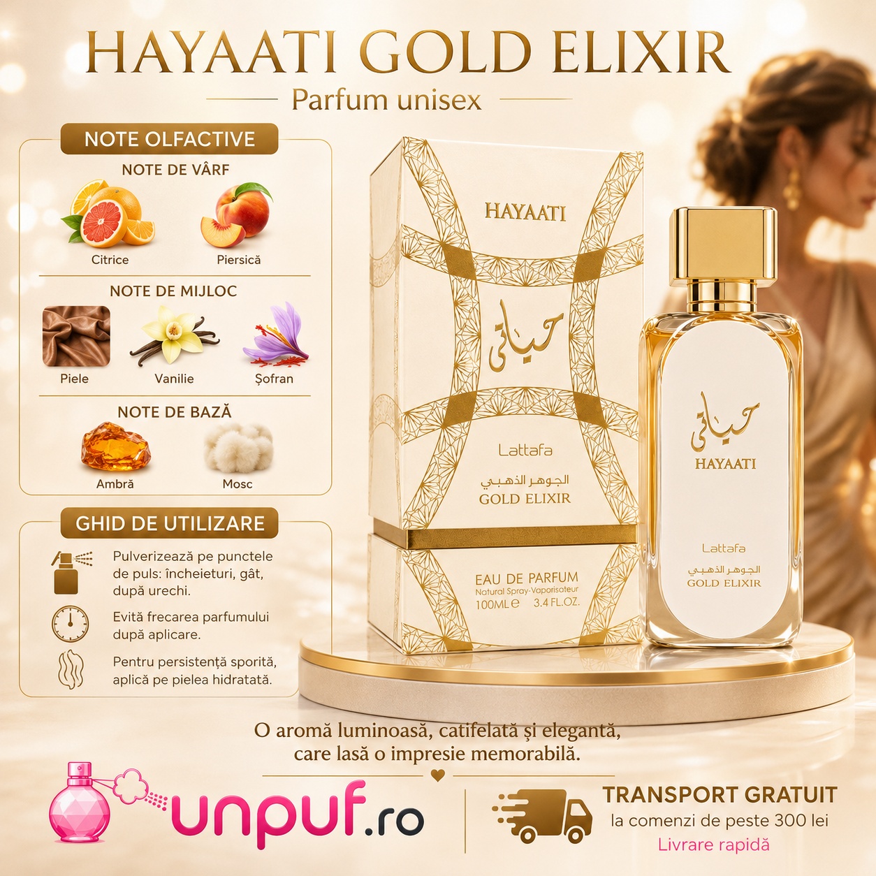 Hayaati Gold Elixir Lattafa note olfactive anason lemn de santal ylang ylang cedru note pudrate ambră și vanilie
