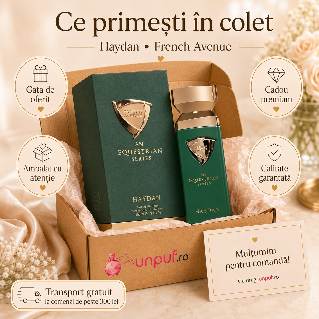 Ce primești &icirc;n colet Haydan French Avenue 100 ml ambalat cu atenție cadou premium unpuf.ro
