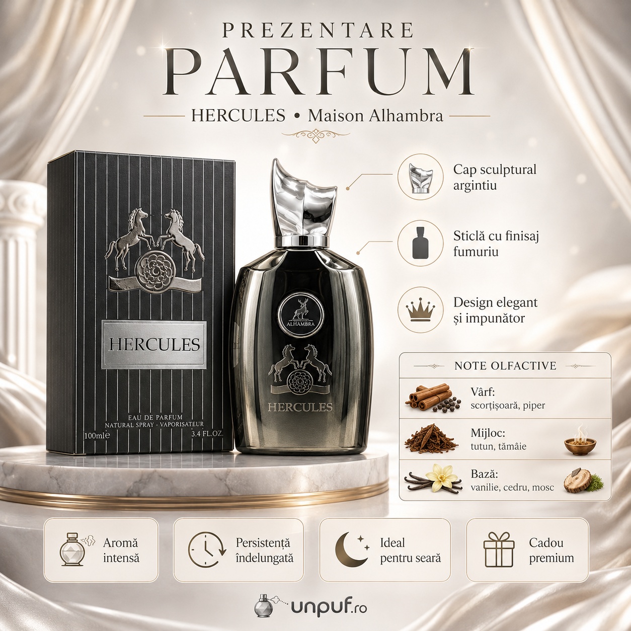 Prezentare parfum Hercules Maison Alhambra note scorțișoară piper tutun tăm&acirc;ie vanilie cedru mosc