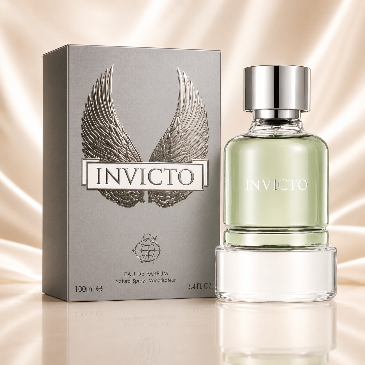 Parfum Arăbesc Invicto Fragrance World 100 ml cu flacon verde deschis și cutie argintie premium cu aripi